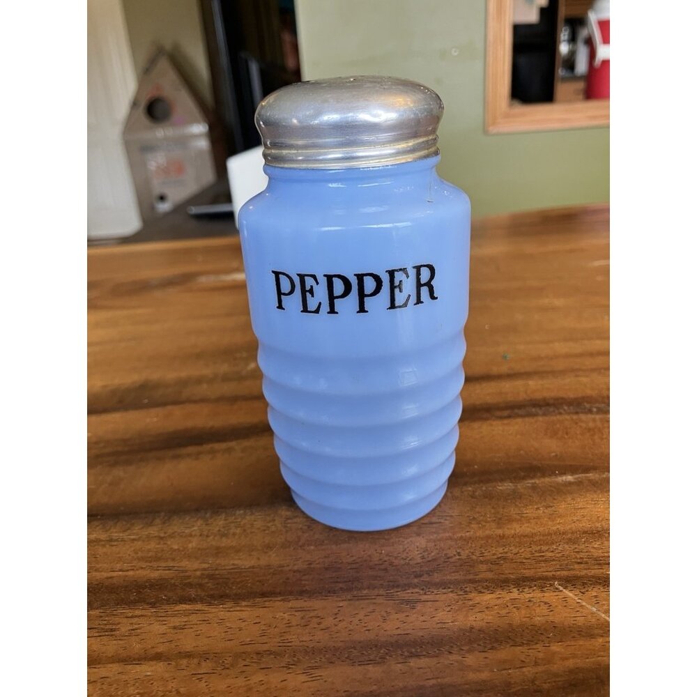 Vintage Jeannette Delphite Blue Ribbed Glass Pepper Shaker